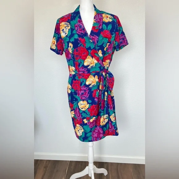Vintage 90's Positive Attitude Women's Vibrant Floral Faux Wrap Dress Size 14P - Picture 1 of 11